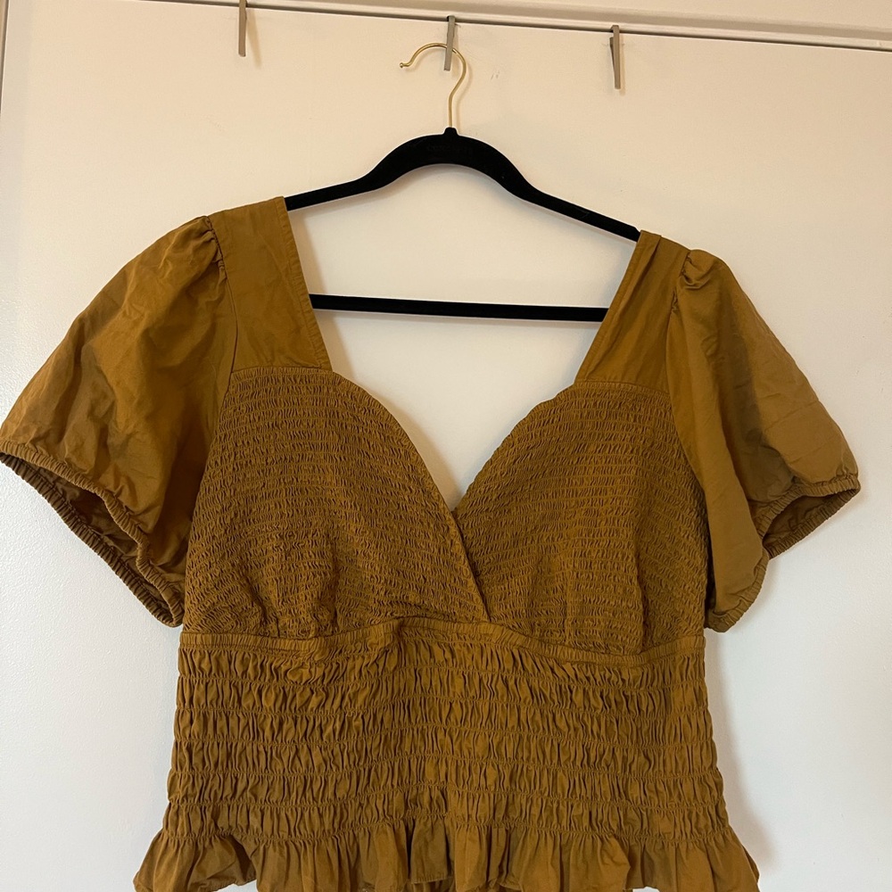 Women's Mustard Sweetheart Lace-Up Smocked Top